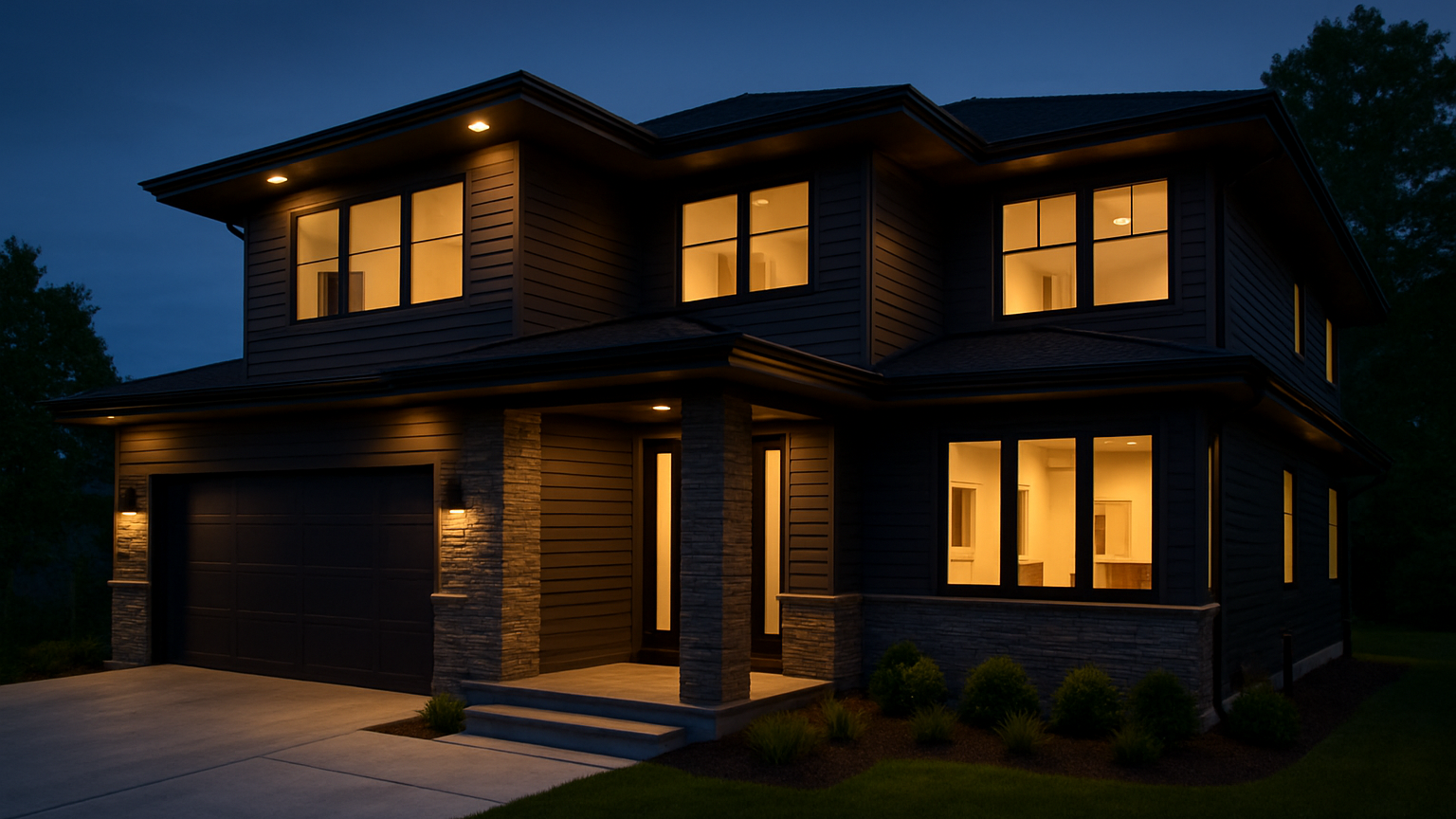 Modern custom-built home exterior at dusk, showcasing warm interior lights and dark siding.