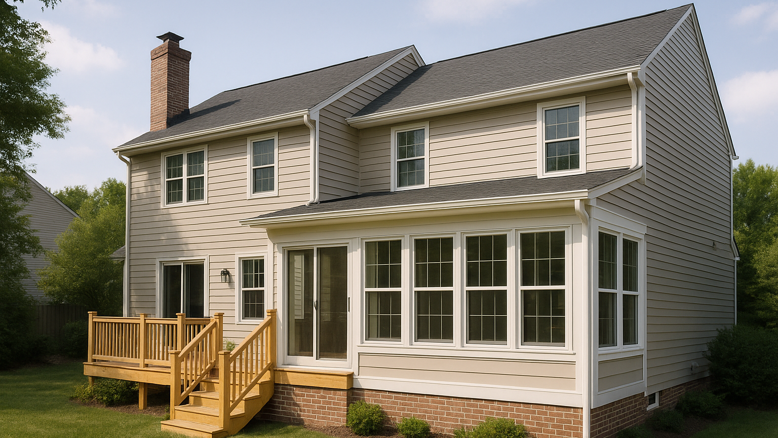Finished home with sunroom addition and wooden deck extension