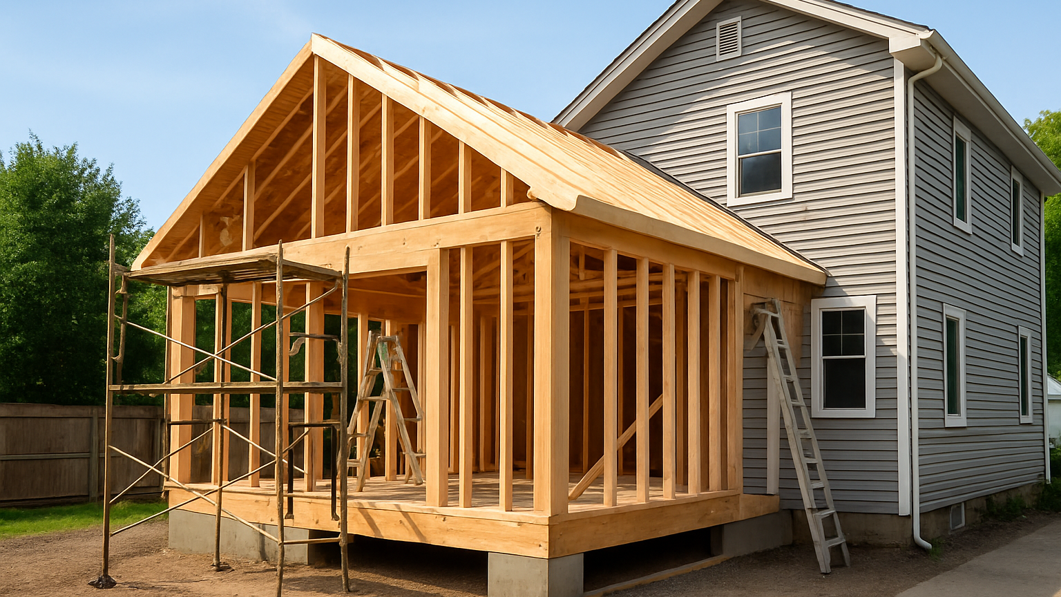 Wood framing of home addition under construction attached to grey house