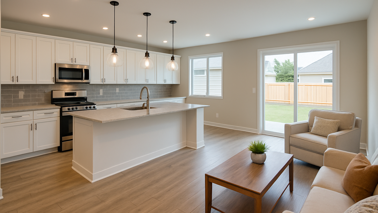 Modern open-concept kitchen and living area with white cabinetry, island and hardwood floors, designed by Matric Building Services.